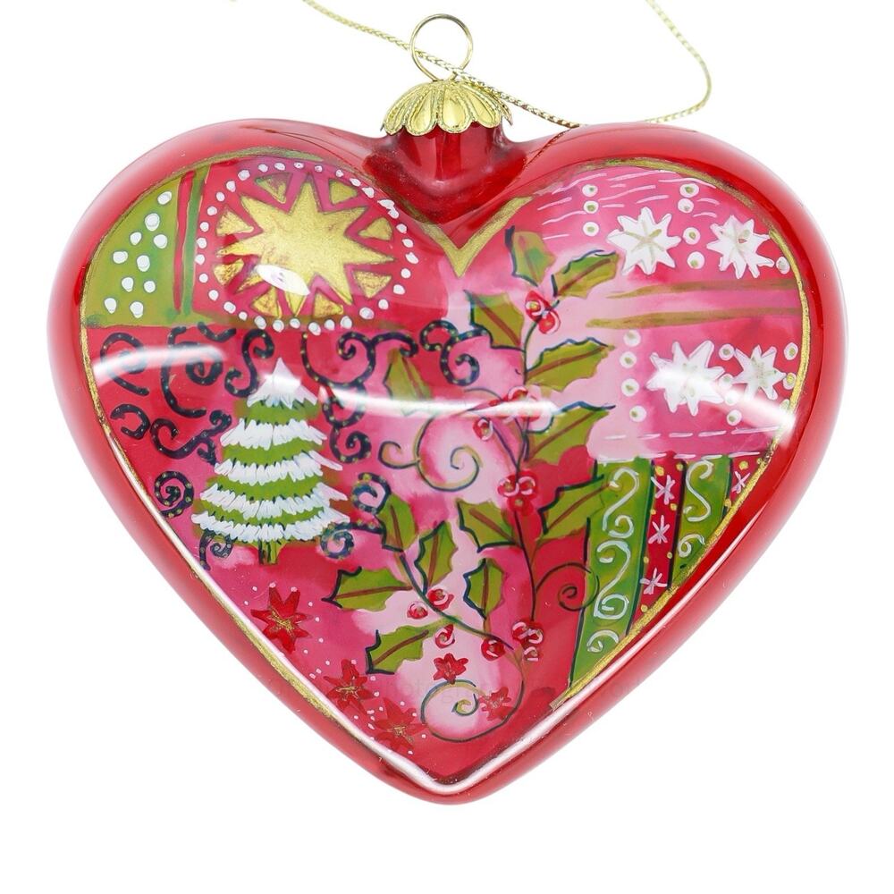 Hand Painted Blown Glass Heart Christmas Ornament 2004 Red Holly Tree ~4”x4”